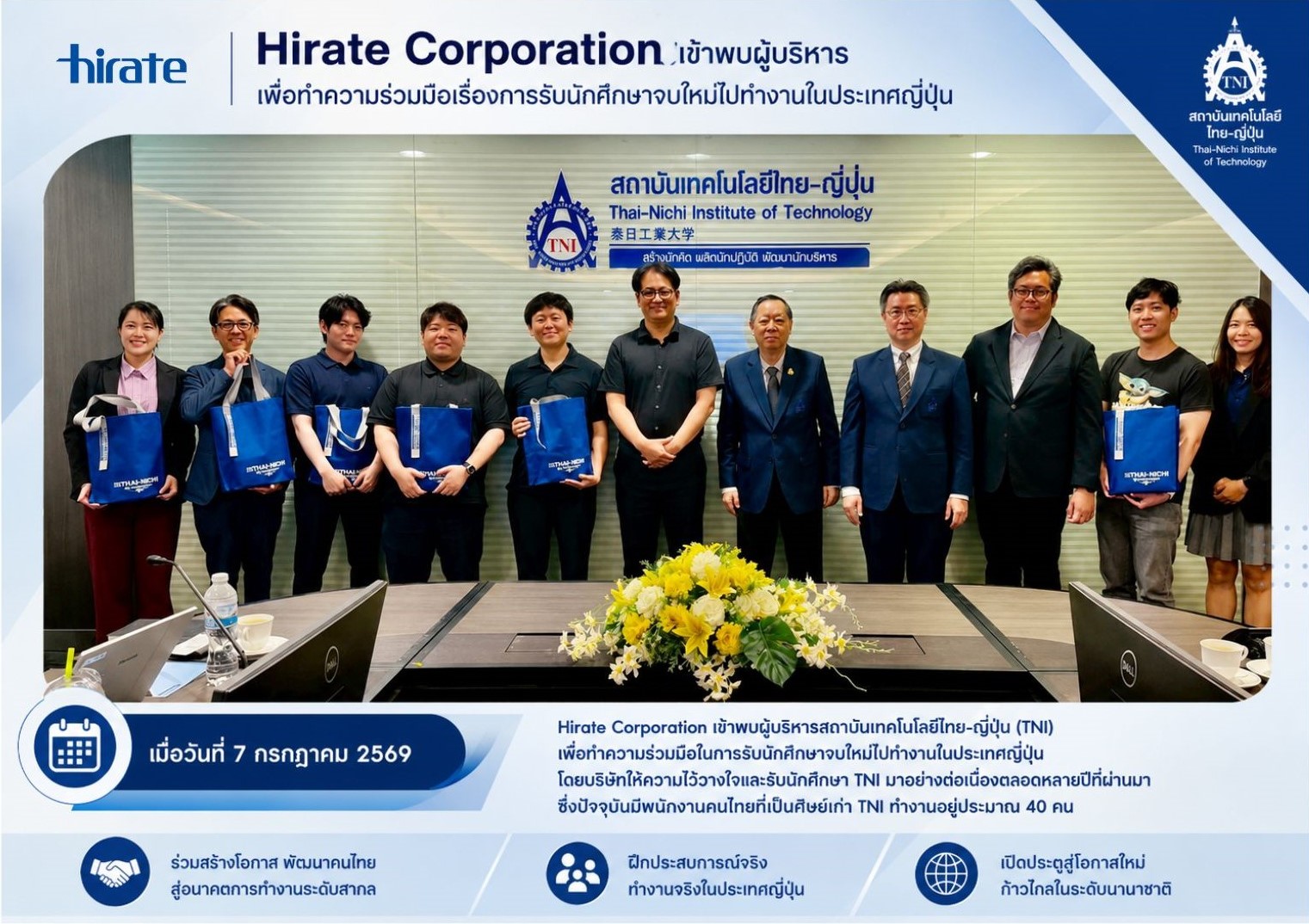 Hirate Corporation เดินทางมาถึง TNI เพื่อหารือความร่วมมือในการรับนักศึกษาจบใหม่เข้าทำงานที่ประเทศญี่ปุ่น